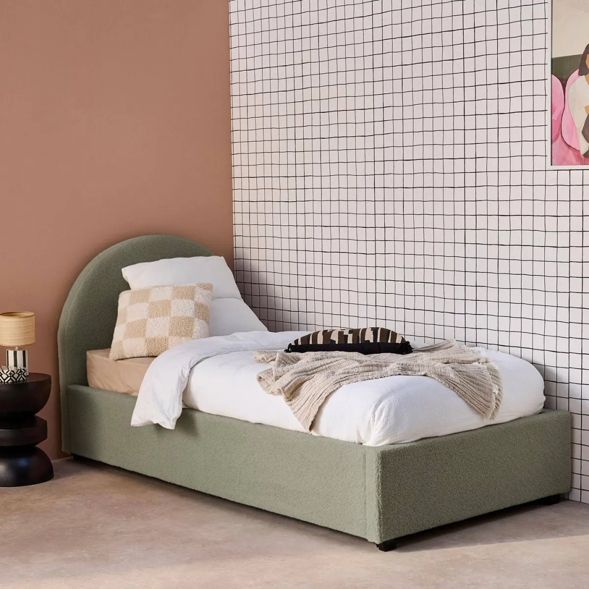 sweeek Struttura letto con contenitore e testiera 90x190cm, imbottita bouclé