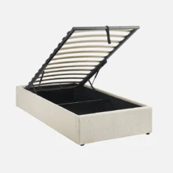 Struttura letto con contenitore e rete a doghe, imbottita bouclé bianco