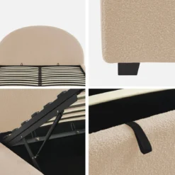 Struttura letto con contenitore e testiera 140x190cm, imbottita bouclé