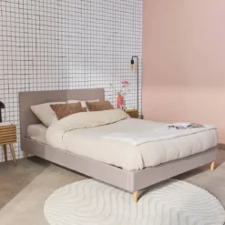 Struttura letto con rete a doghe e testiera 140x190cm, tessuto semplice