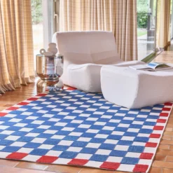 Tappeto da interno/esterno a scacchi blu e rosso