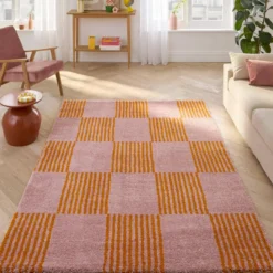 Tappeto interno a scacchi arancione e rosa