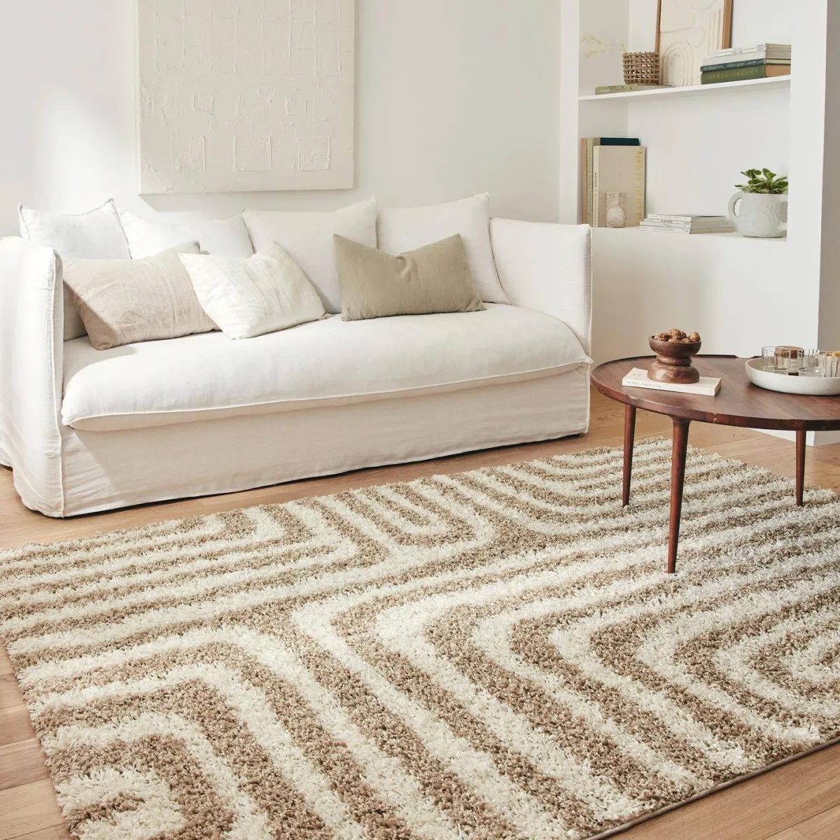 sweeek Tappeto interno shaggy motivi geometrici beige