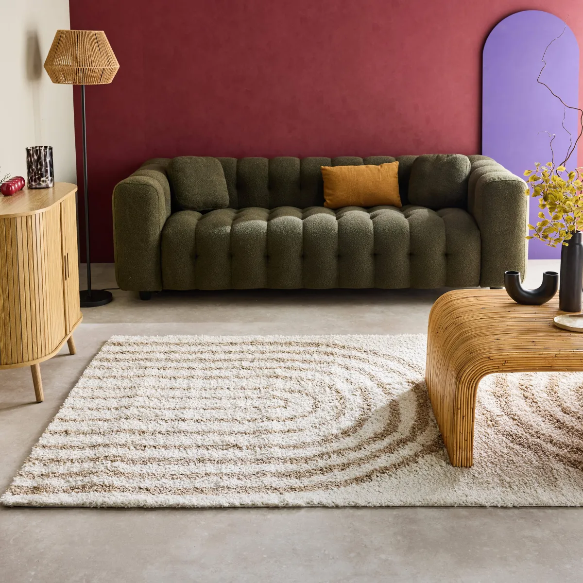 sweeek Tappeto interno shaggy, motivi geometrici arcobaleno, beige.