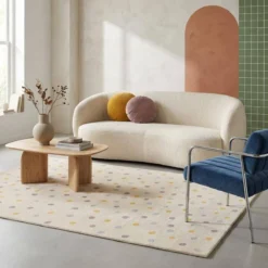 sweeek Tappeto per bambini a pois grandi, crema, blu, giallo, viola per interni, 120x170cm