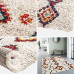 Tappeto shaggy per interni, stile berbero, crema e multicolore