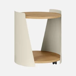 Tavolino e comodino in metallo curvato e legno con ruote