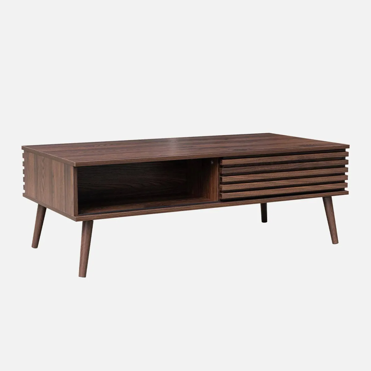 sweeek Tavolino scandinavo con ante scorrevoli, decoro in legno scanalato