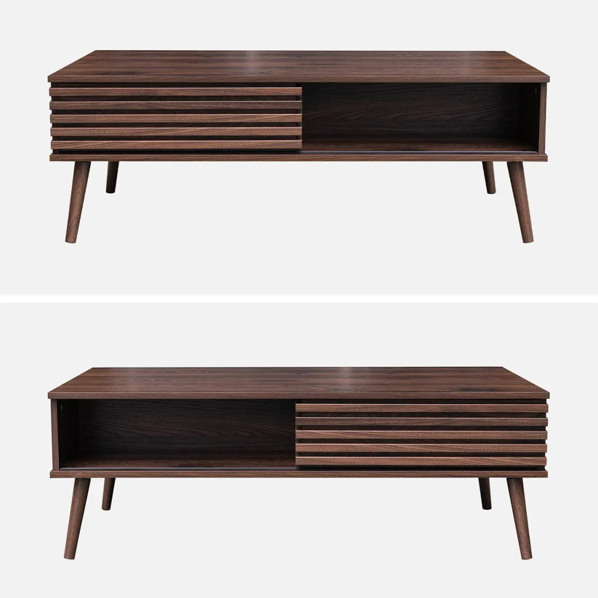 sweeek Tavolino scandinavo con ante scorrevoli, decoro in legno scanalato