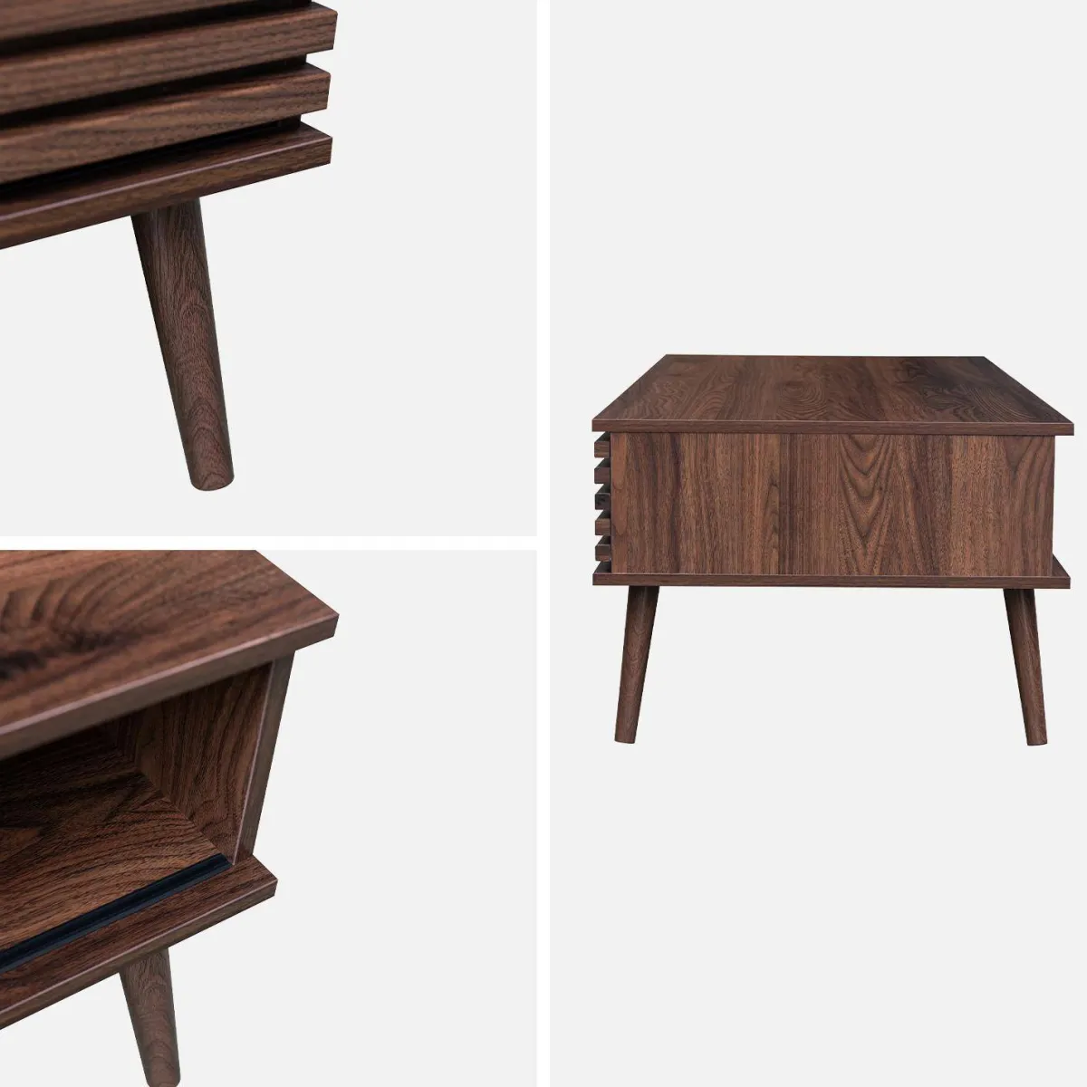 sweeek Tavolino scandinavo con ante scorrevoli, decoro in legno scanalato
