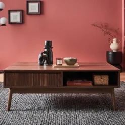sweeek Tavolino scandinavo, decoro in legno scanalato, 2 nicchie, 1 cassetto