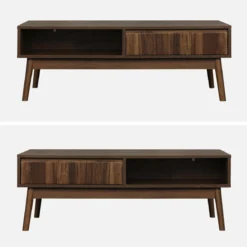 sweeek Tavolino scandinavo, decoro in legno scanalato, 2 nicchie, 1 cassetto