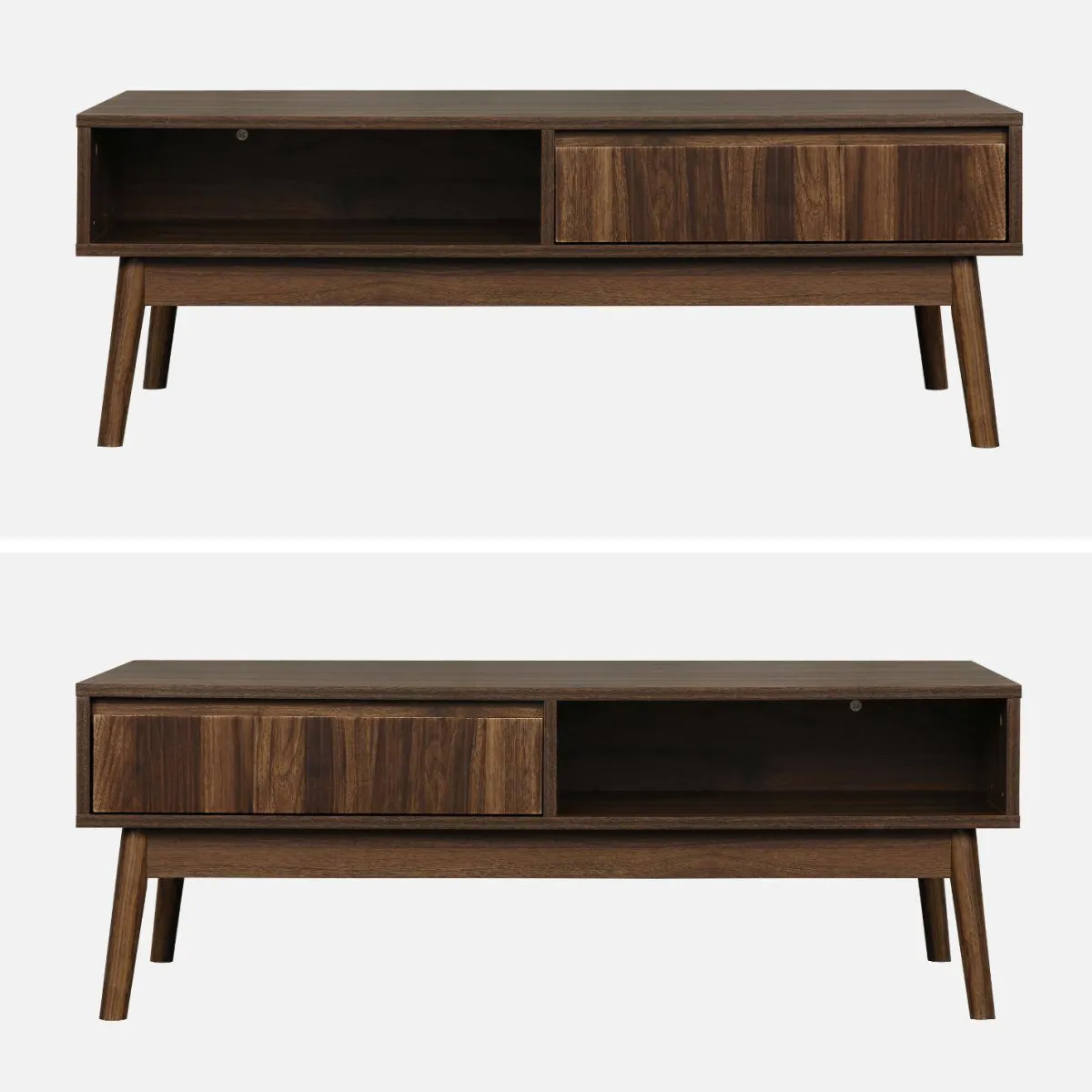 sweeek Tavolino scandinavo, decoro in legno scanalato, 2 nicchie, 1 cassetto