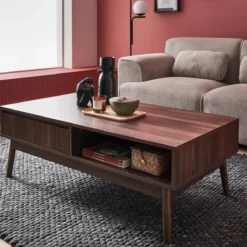 sweeek Tavolino scandinavo, decoro in legno scanalato, 2 nicchie, 1 cassetto