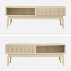 Tavolino scandinavo, decoro in legno scanalato, 2 nicchie, 1 cassetto