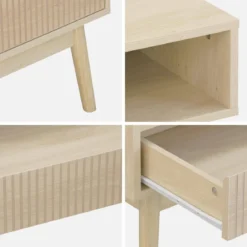 Tavolino scandinavo, decoro in legno scanalato, 2 nicchie, 1 cassetto