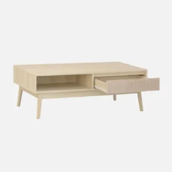 Tavolino scandinavo, decoro in legno scanalato, 2 nicchie, 1 cassetto