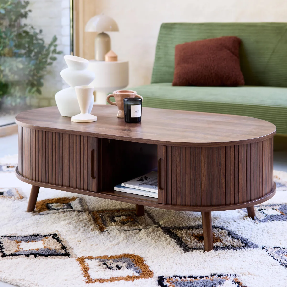 sweeek Tavolino scandinavo effetto legno scanalato 2 ante scorrevoli