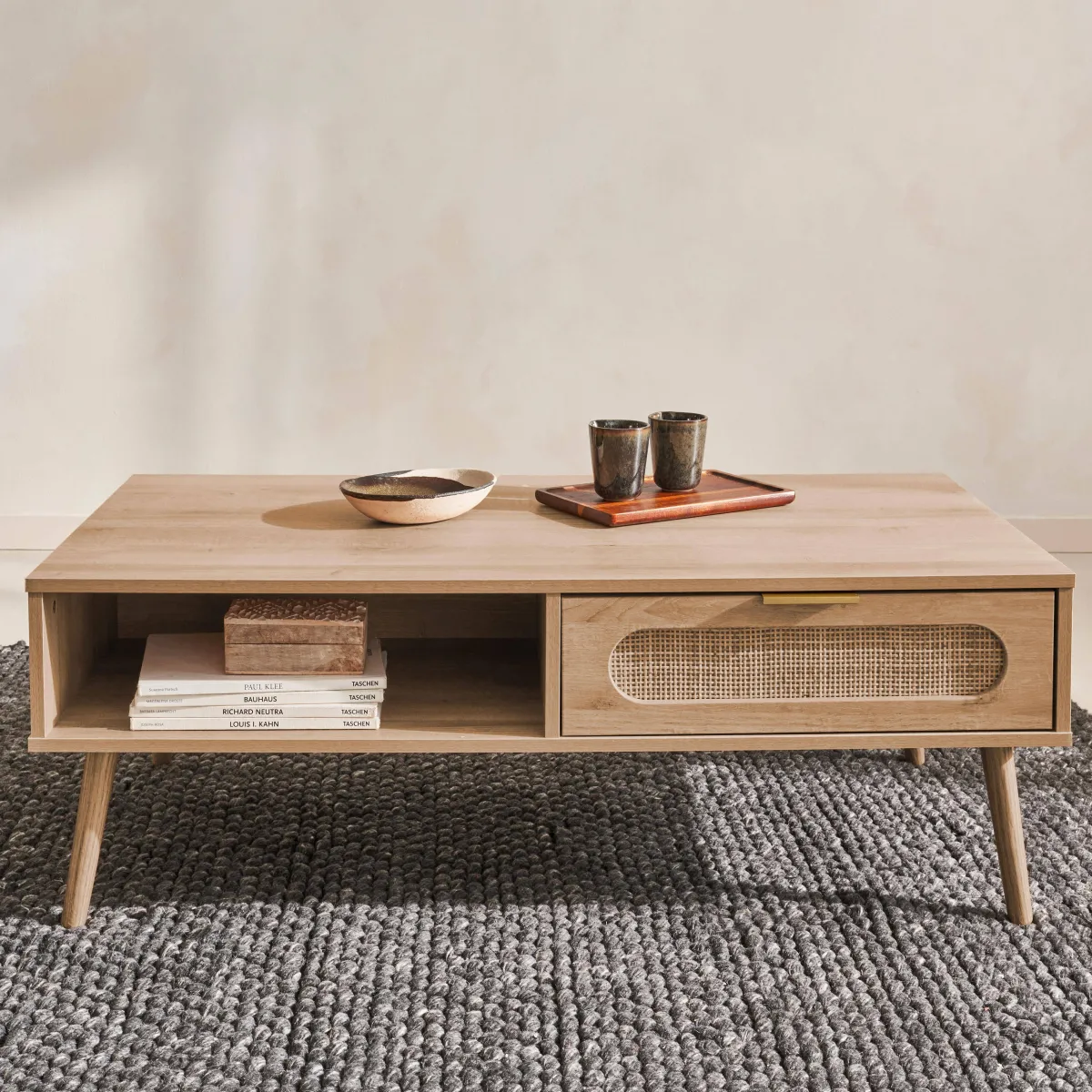 sweeek Tavolino scandinavo in canna intrecciata, 1 cassetto