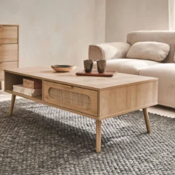 sweeek Tavolino scandinavo in canna intrecciata, 1 cassetto