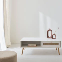 Tavolino scandinavo in vimini, 1 cassetto