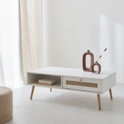Tavolino scandinavo in vimini, 1 cassetto