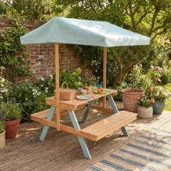sweeek Tavolo da picnic in legno per bambini con ombrellone, 2 posti