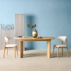 Tavolo da pranzo ovale allungabile in legno di hevea e impiallacciatura di rovere 6-8 posti
