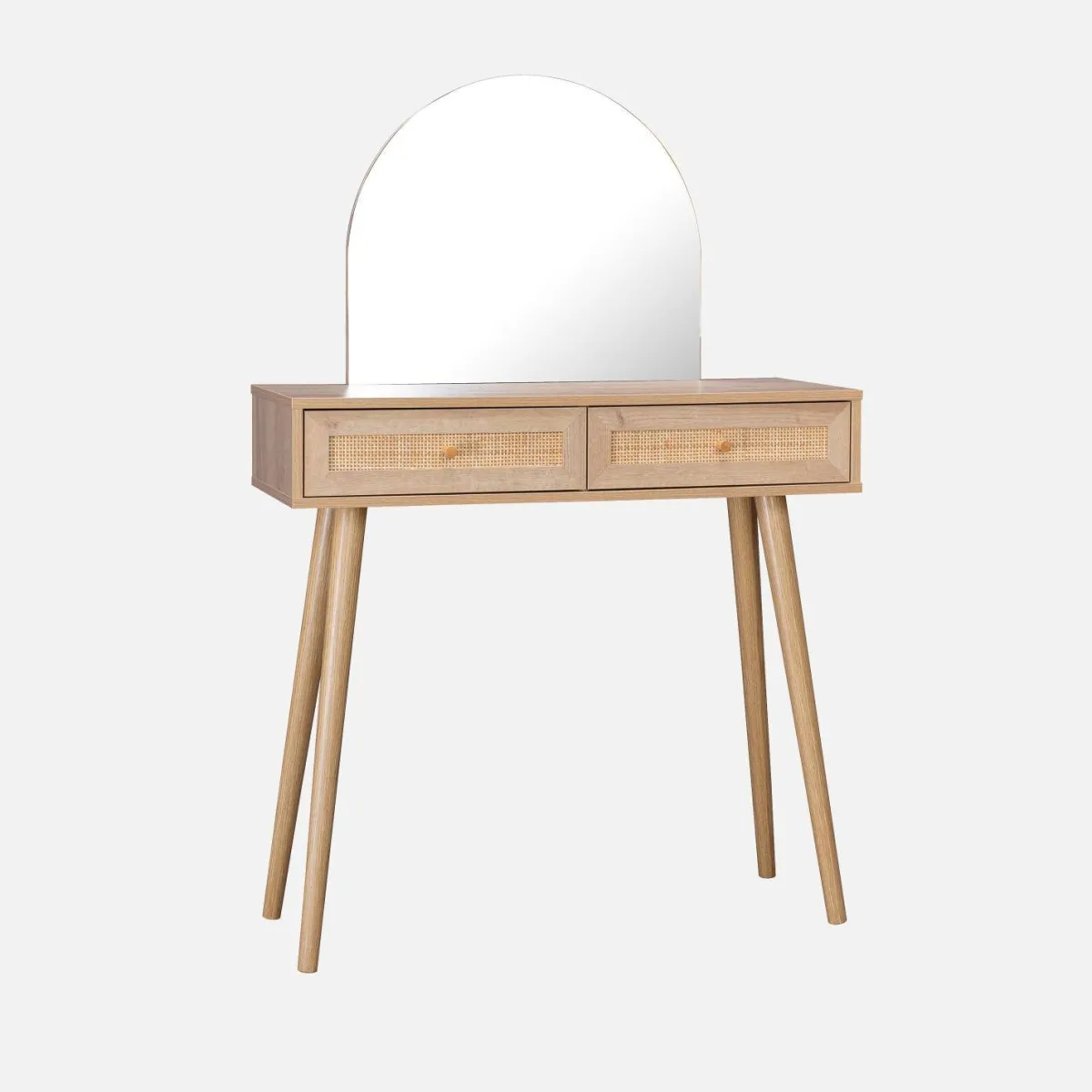 sweeek Toeletta trucco con specchio arrotondato in legno intrecciato e 2 cassetti