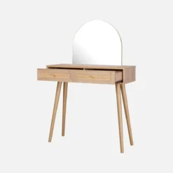 sweeek Toeletta trucco con specchio arrotondato in legno intrecciato e 2 cassetti