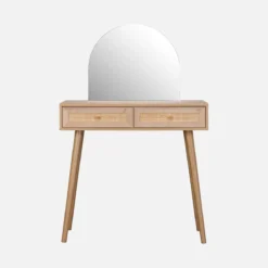 sweeek Toeletta trucco con specchio arrotondato in legno intrecciato e 2 cassetti