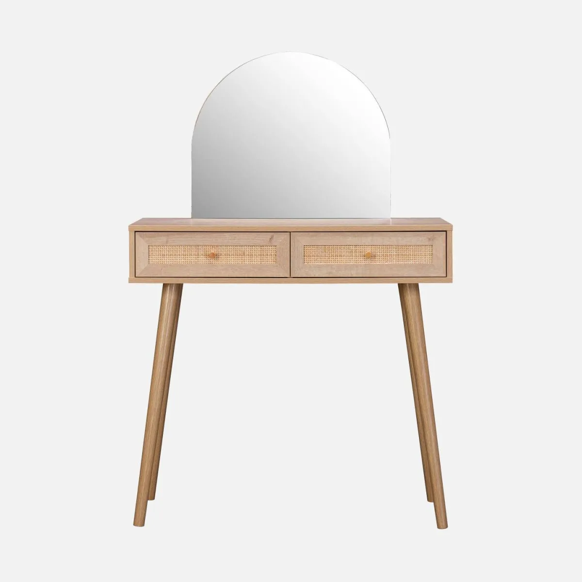 sweeek Toeletta trucco con specchio arrotondato in legno intrecciato e 2 cassetti