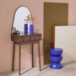 sweeek Toeletta trucco decorato in legno, specchio rotondo e 1 cassetto, 60cm